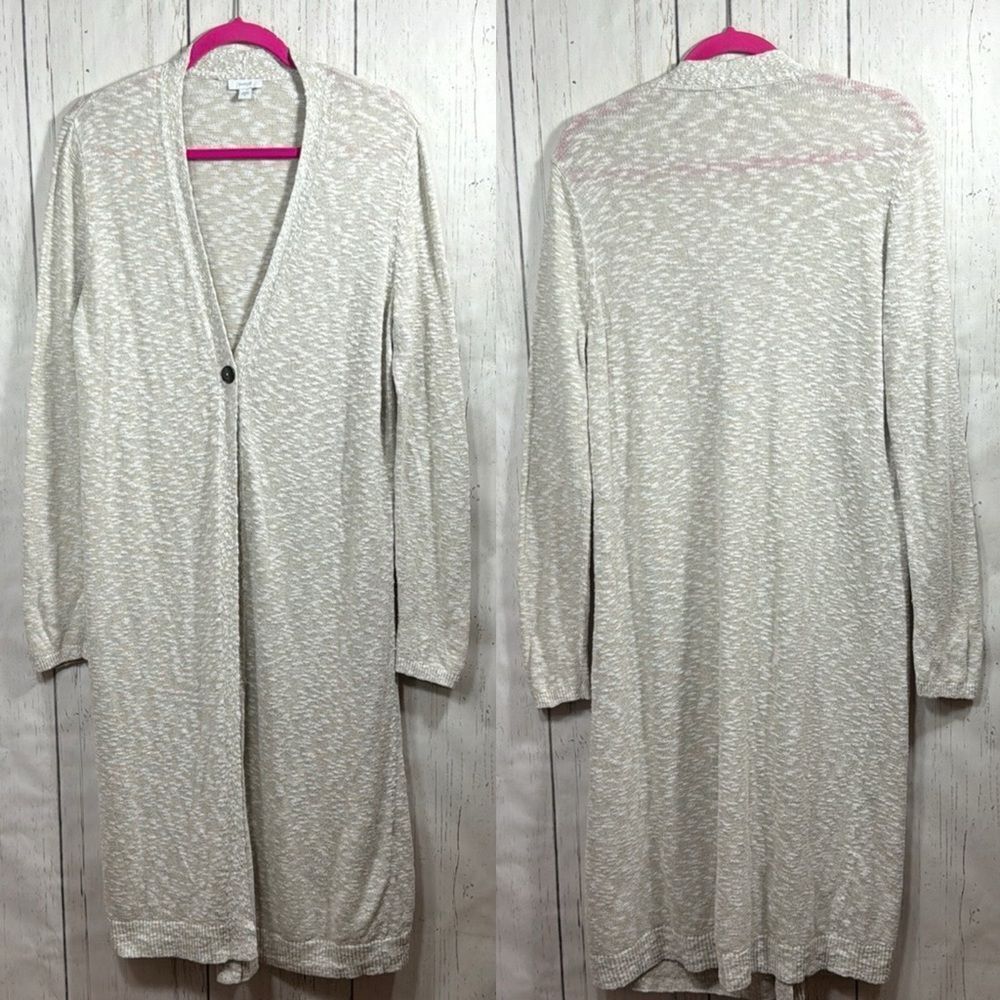 Pure Jill Long Open Front Cardigan Sweater Beige Heathered M Minimalist Layer